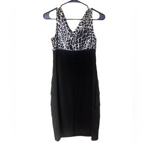 Womens Cocktail Dress Enfocus Black Animal Print V-Neck Tiered Sz 8 Summer - EUC